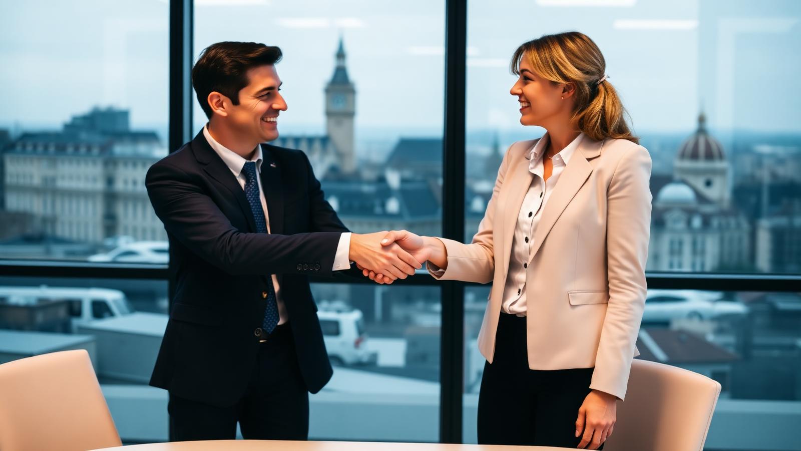 Two executives shaking hands closing a European acquisition
