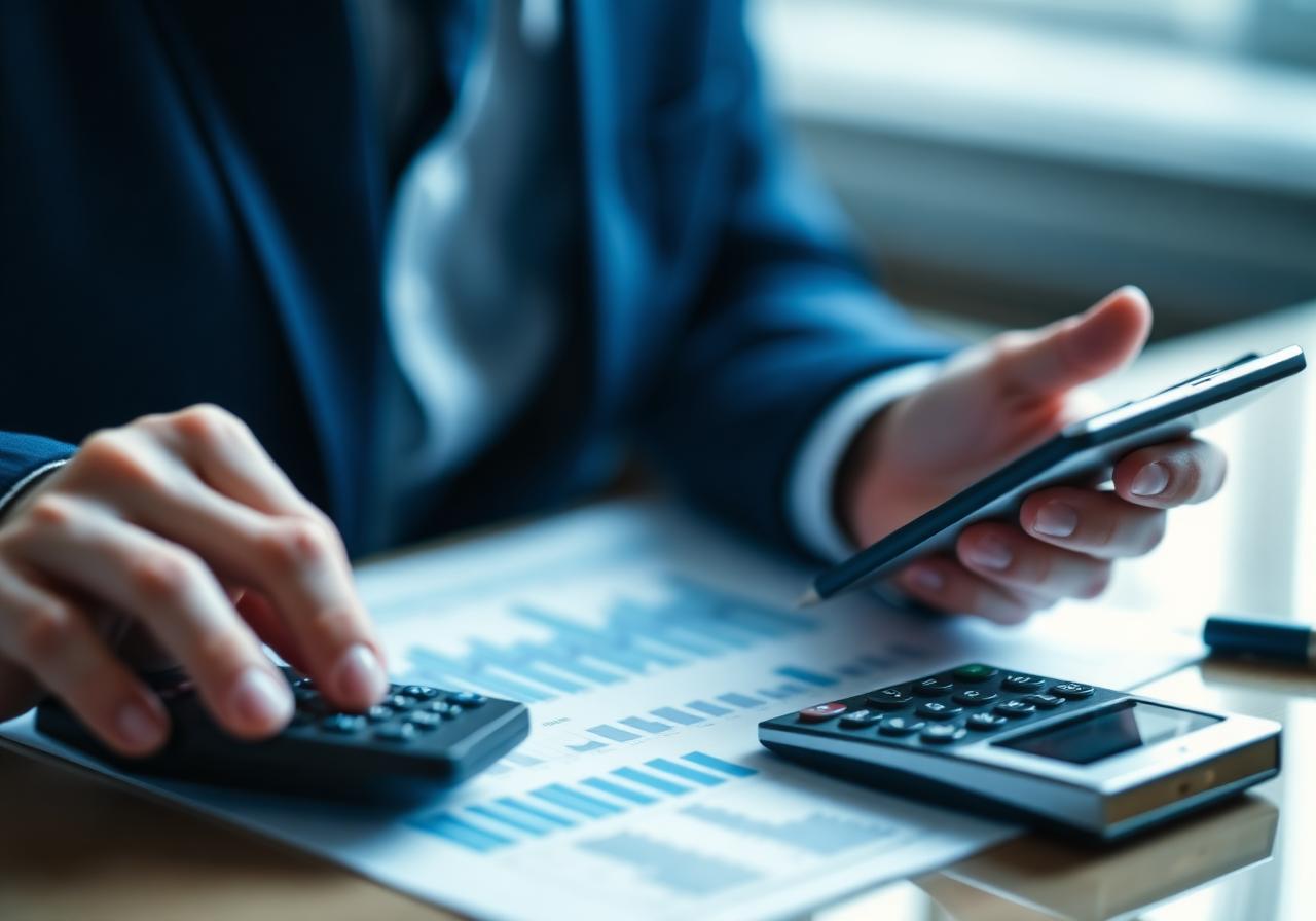 Banker reviewing a business loan portfolio with charts and calculator