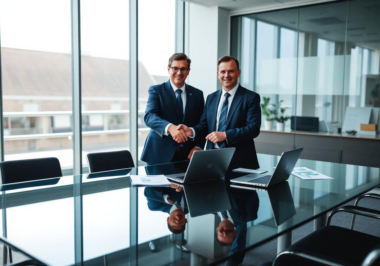 Senior corporate finance executives shaking hands in a Brussels boardroom