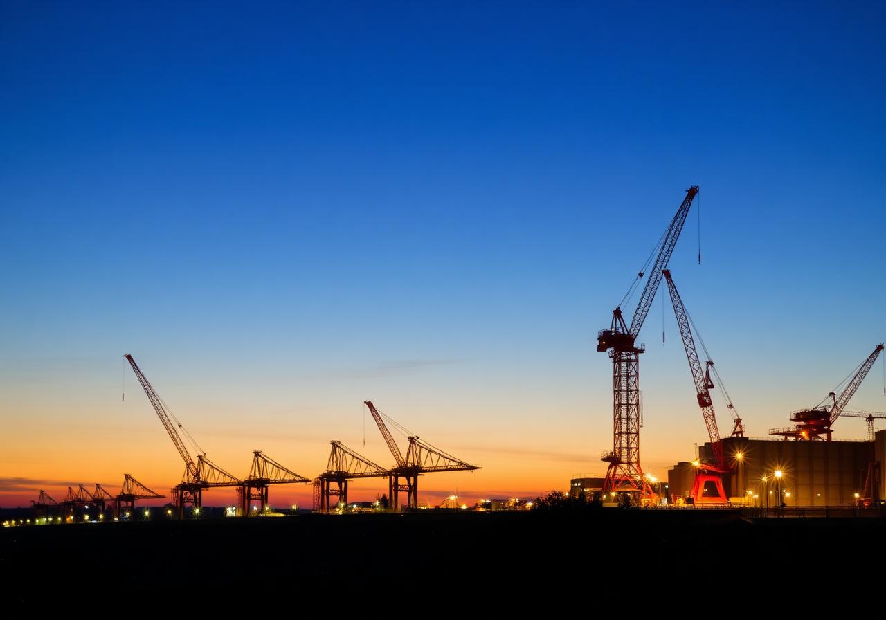Large European infrastructure project site at dusk with cranes