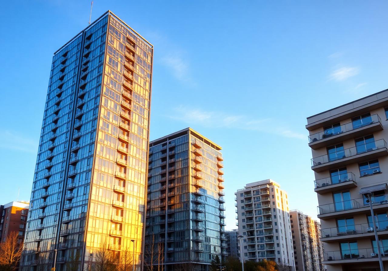 Modern European mixed-use real estate development at golden hour