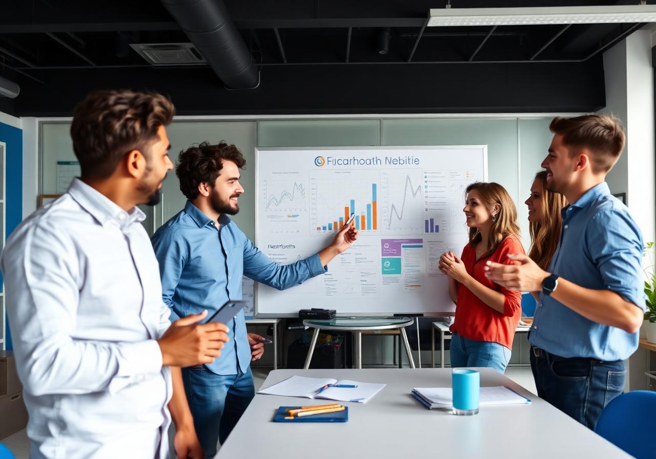 Startup founders collaborating around a whiteboard with growth charts